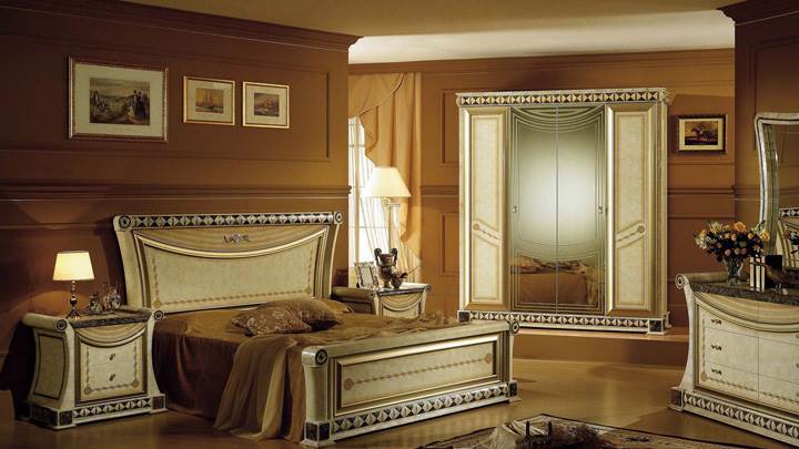Golden Furniture In Bedroom And Brown Background